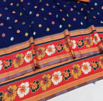 Dark blue zari woven silk blend saree with blouse piece 3