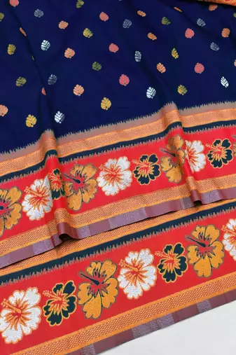 Dark blue zari woven silk blend saree with blouse piece