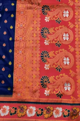 Dark blue zari woven silk blend saree with blouse piece