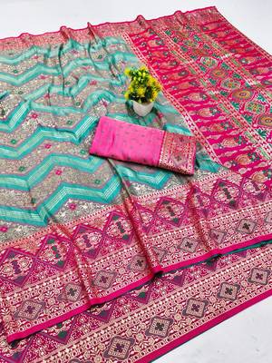 Blue zari woven silk blend saree with blouse piece 1