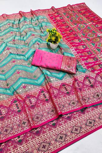 Blue zari woven banarasi silk blend saree with blouse piece