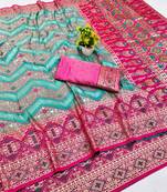 Blue zari woven banarasi silk blend saree with blouse piece