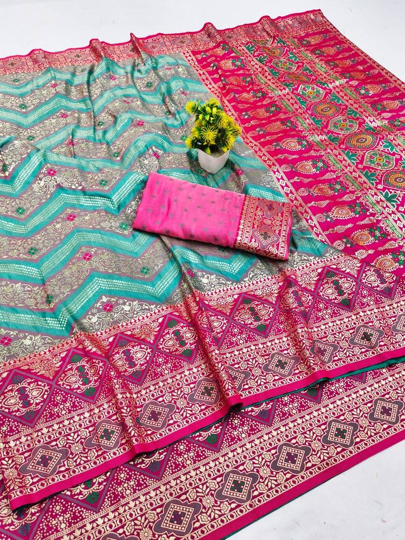 Blue zari woven banarasi silk blend saree with blouse piece