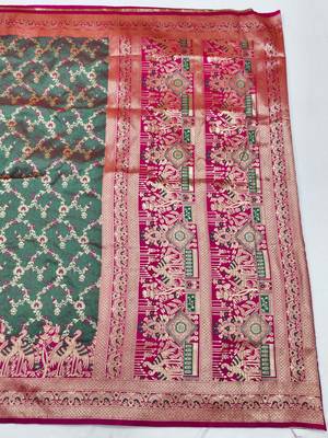 Sea green zari woven silk blend saree with blouse piece 2
