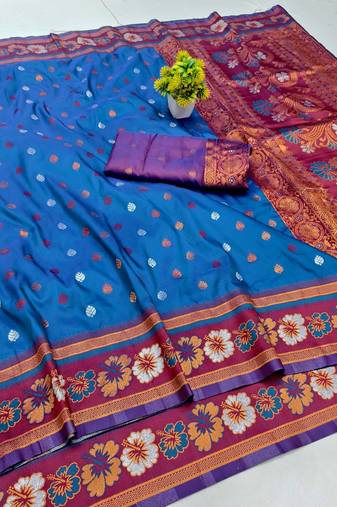 Blue zari woven banarasi silk blend saree with blouse piece