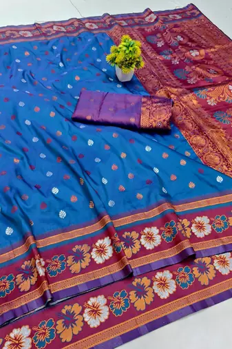 Blue zari woven banarasi silk blend saree with blouse piece