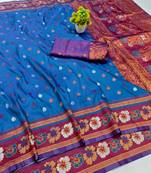 Blue zari woven banarasi silk blend traditional saree with blouse piece