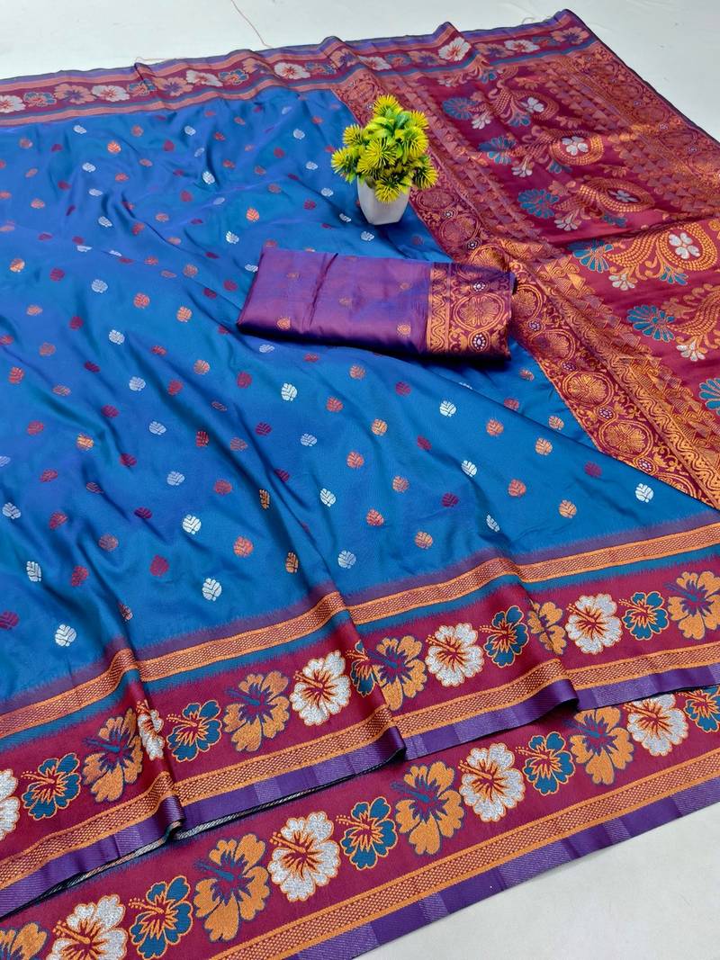 Blue zari woven banarasi silk blend traditional saree with blouse piece