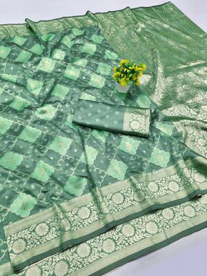 Sea green zari woven silk blend saree with blouse piece 1