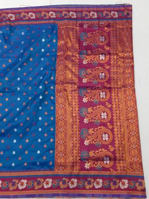 Blue zari woven silk blend saree with blouse piece 2