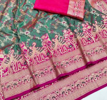Sea green zari woven silk blend saree with blouse piece 3