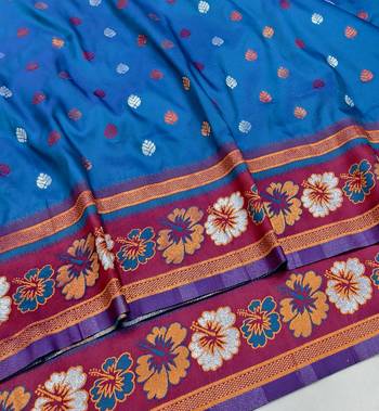 Blue zari woven silk blend saree with blouse piece 3