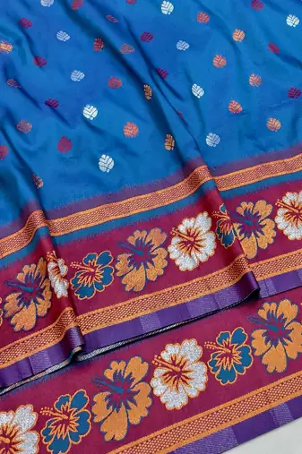 Blue zari woven silk blend saree with blouse piece
