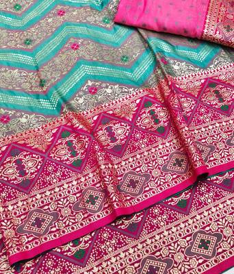 Blue zari woven silk blend saree with blouse piece 3