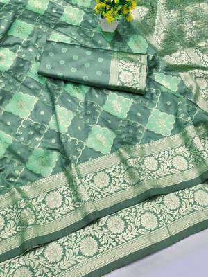 Sea green zari woven silk blend saree with blouse piece 3