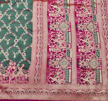 Sea green zari woven silk blend saree with blouse piece 5