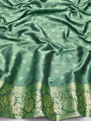 Sea green zari woven silk blend saree with blouse piece 4