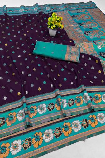 Purple zari woven banarasi silk blend saree with blouse piece