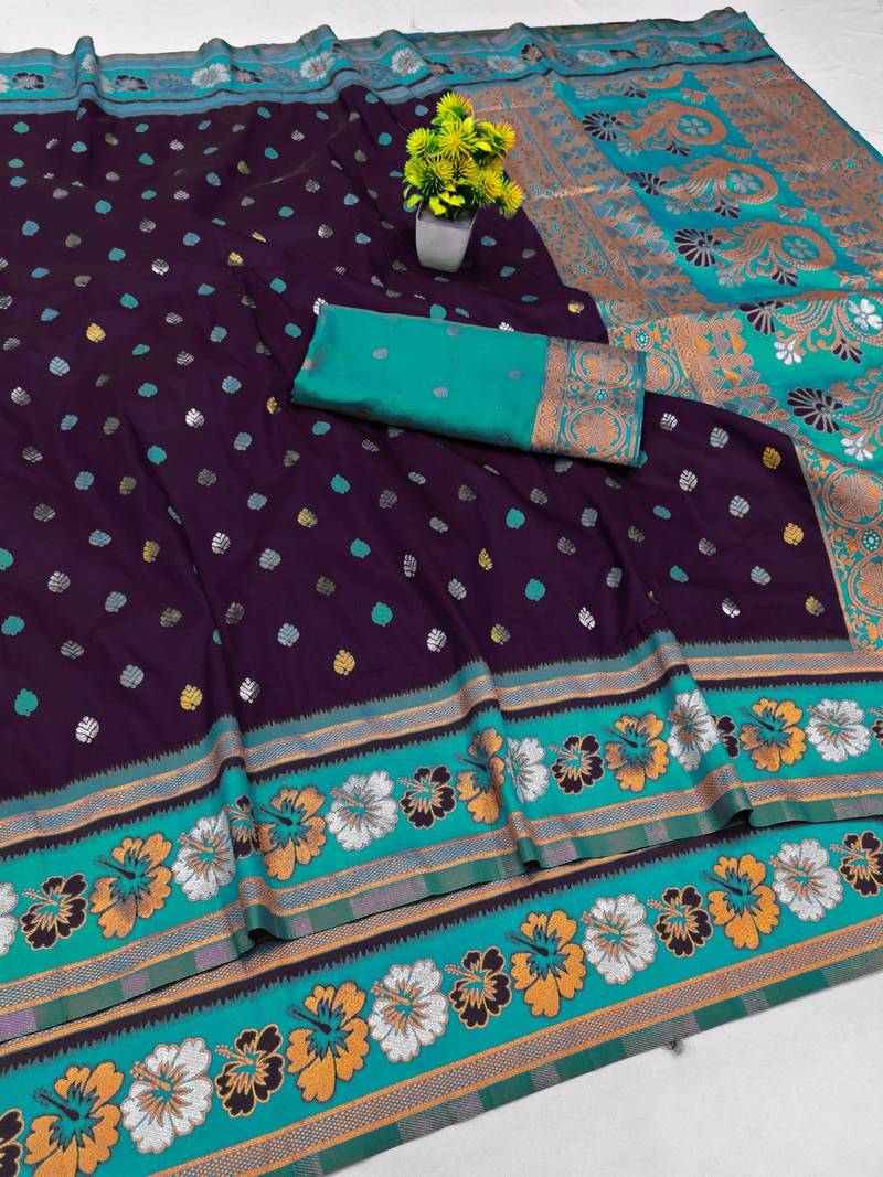 Purple zari woven banarasi silk blend traditional saree with blouse piece
