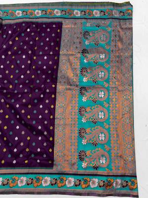 Purple zari woven silk blend saree with blouse piece 2