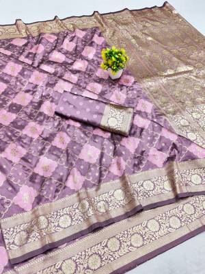 Purple zari woven silk blend saree with blouse piece 1
