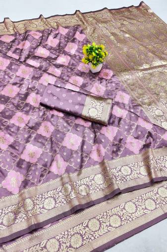 Purple zari woven banarasi silk blend saree with blouse piece