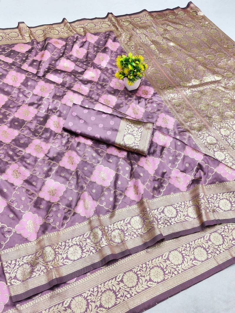 Purple zari woven banarasi silk blend saree with blouse piece
