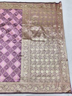 Purple zari woven silk blend saree with blouse piece 2