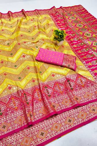 Gold zari woven banarasi silk blend saree with blouse piece
