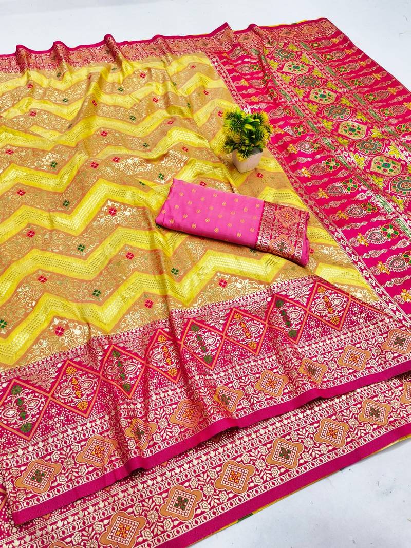 Gold zari woven banarasi silk blend saree with blouse piece