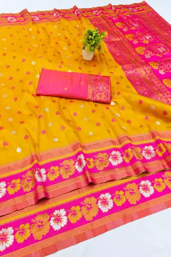 Gold zari woven banarasi silk blend saree with blouse piece