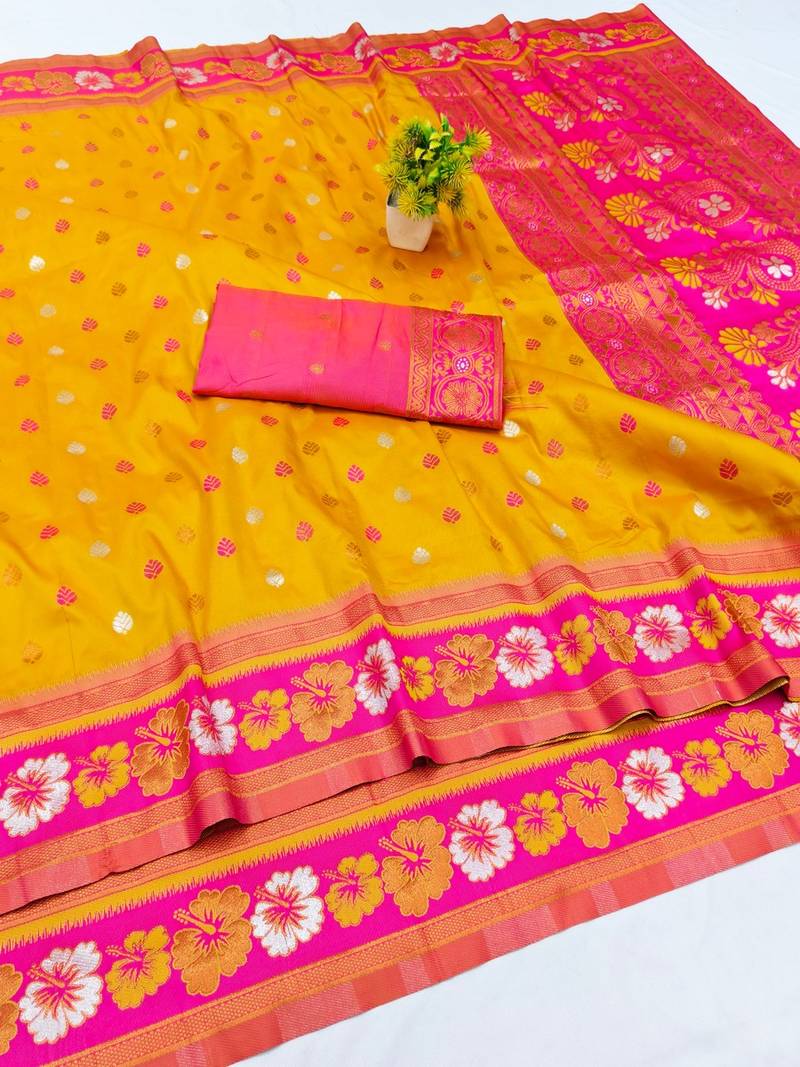 Gold zari woven banarasi silk blend traditional saree with blouse piece