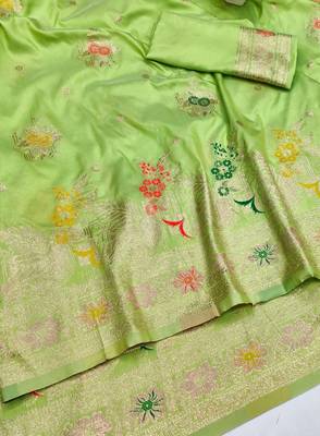 Light green zari woven silk blend saree with blouse piece 3