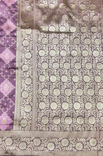 Purple zari woven silk blend saree with blouse piece