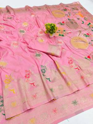 Pink zari woven silk blend saree with blouse piece 1