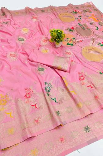 Pink zari woven silk blend saree with blouse piece
