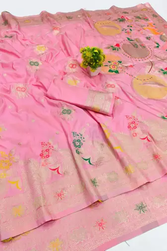 Pink zari woven banarasi silk blend saree with blouse piece