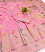 Pink zari woven banarasi silk blend saree with blouse piece