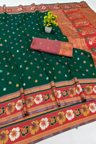 Green zari woven banarasi silk blend saree with blouse piece