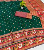 Green zari woven banarasi silk blend traditional saree with blouse piece