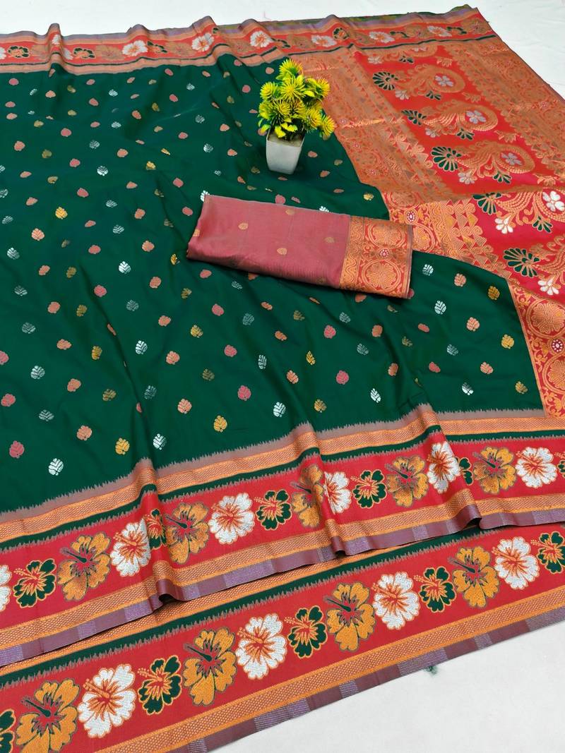 Green zari woven banarasi silk blend traditional saree with blouse piece