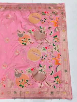 Pink zari woven silk blend saree with blouse piece 2