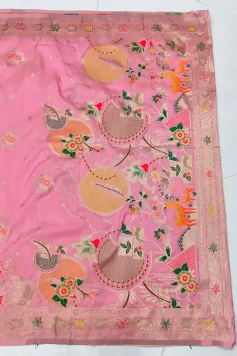 Pink zari woven silk blend saree with blouse piece