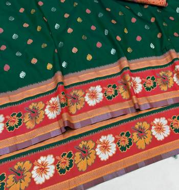 Green zari woven silk blend saree with blouse piece 3
