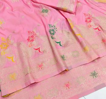 Pink zari woven silk blend saree with blouse piece 3