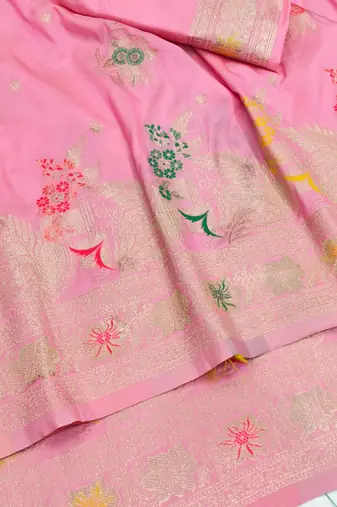 Pink zari woven silk blend saree with blouse piece