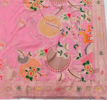 Pink zari woven silk blend saree with blouse piece 4