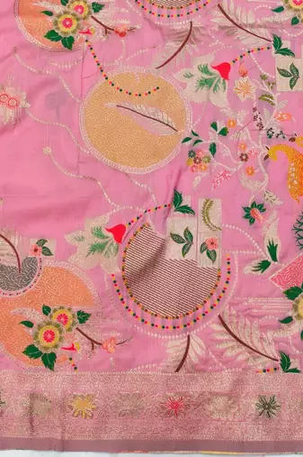 Pink zari woven silk blend saree with blouse piece
