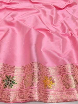 Pink zari woven silk blend saree with blouse piece 5