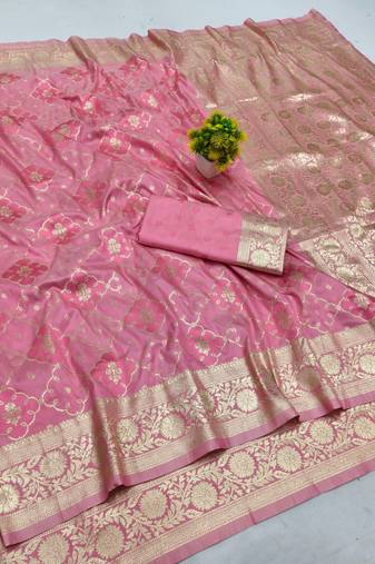 Pink zari woven banarasi silk blend saree with blouse piece